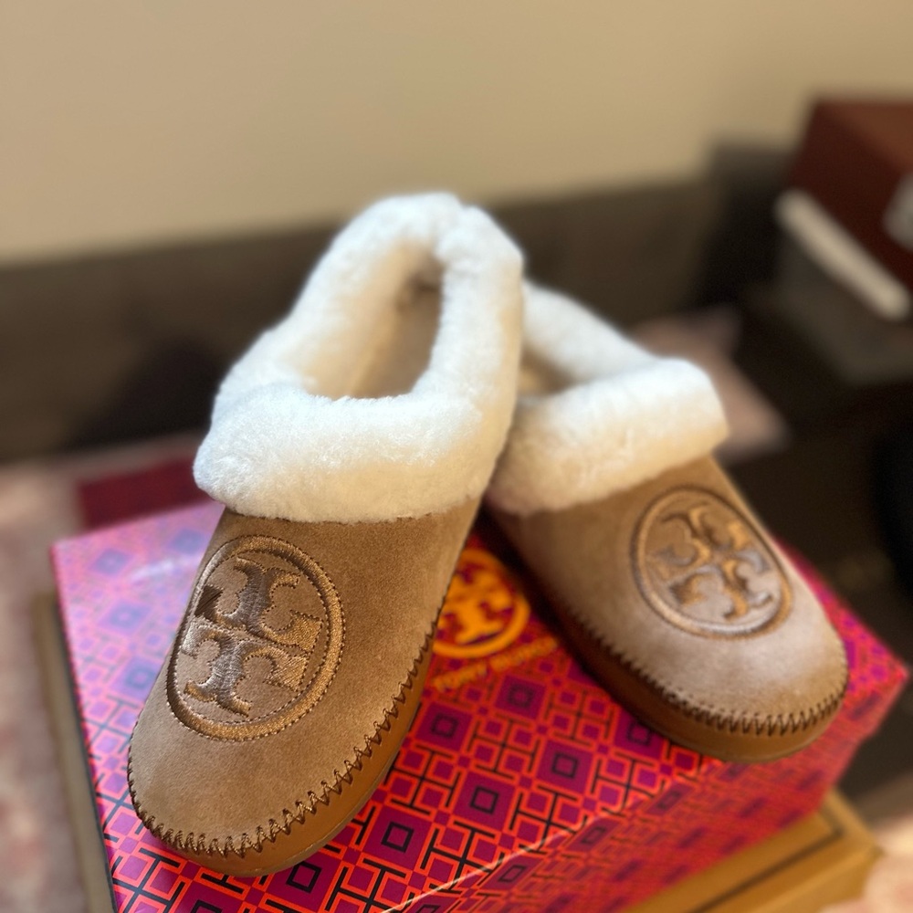 Tory Burch Tan Shearling Slippers